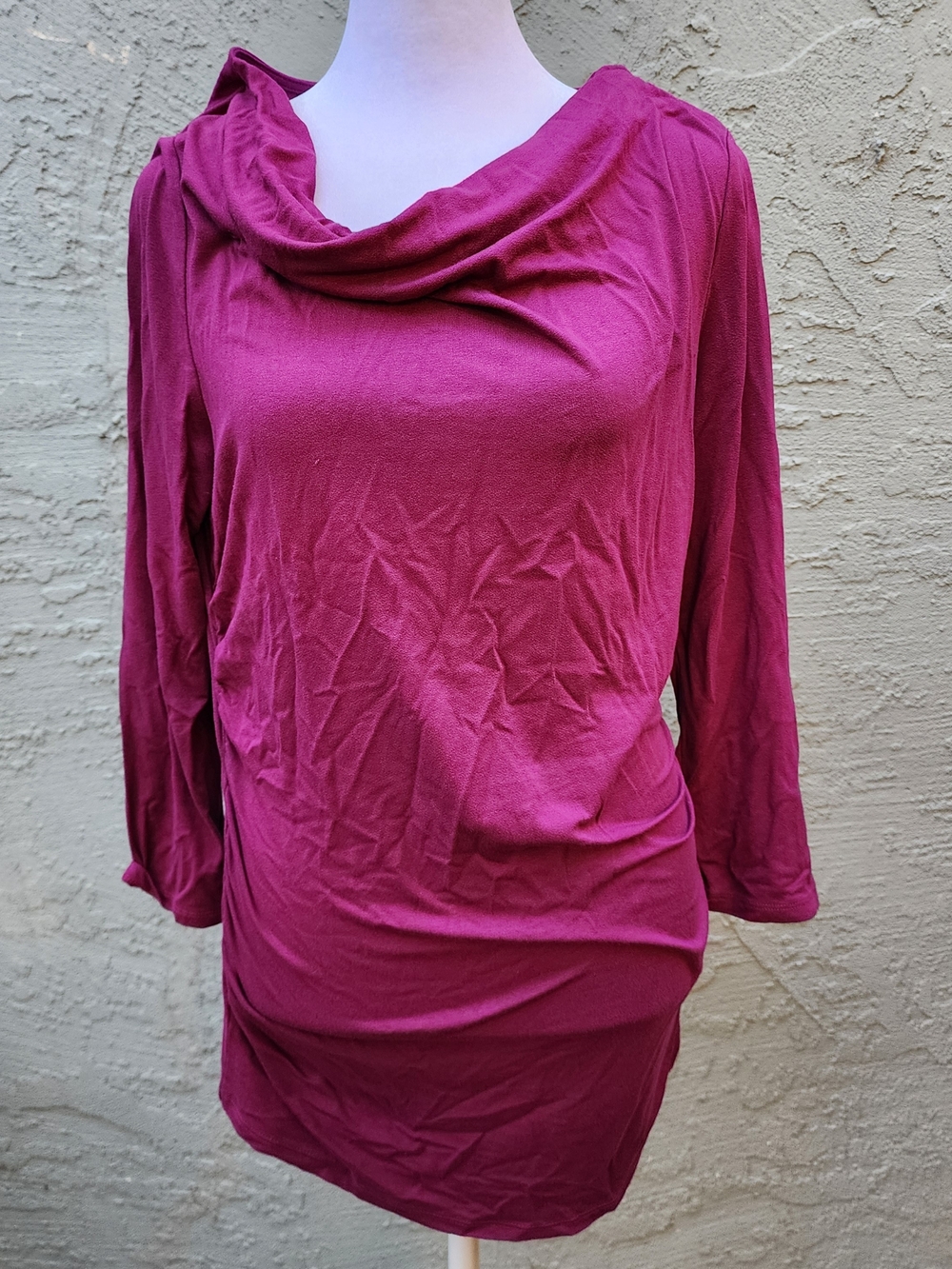 Magenta Berry Cowl Neck Ruched Long Sleeve Tunic Dress Top [M]